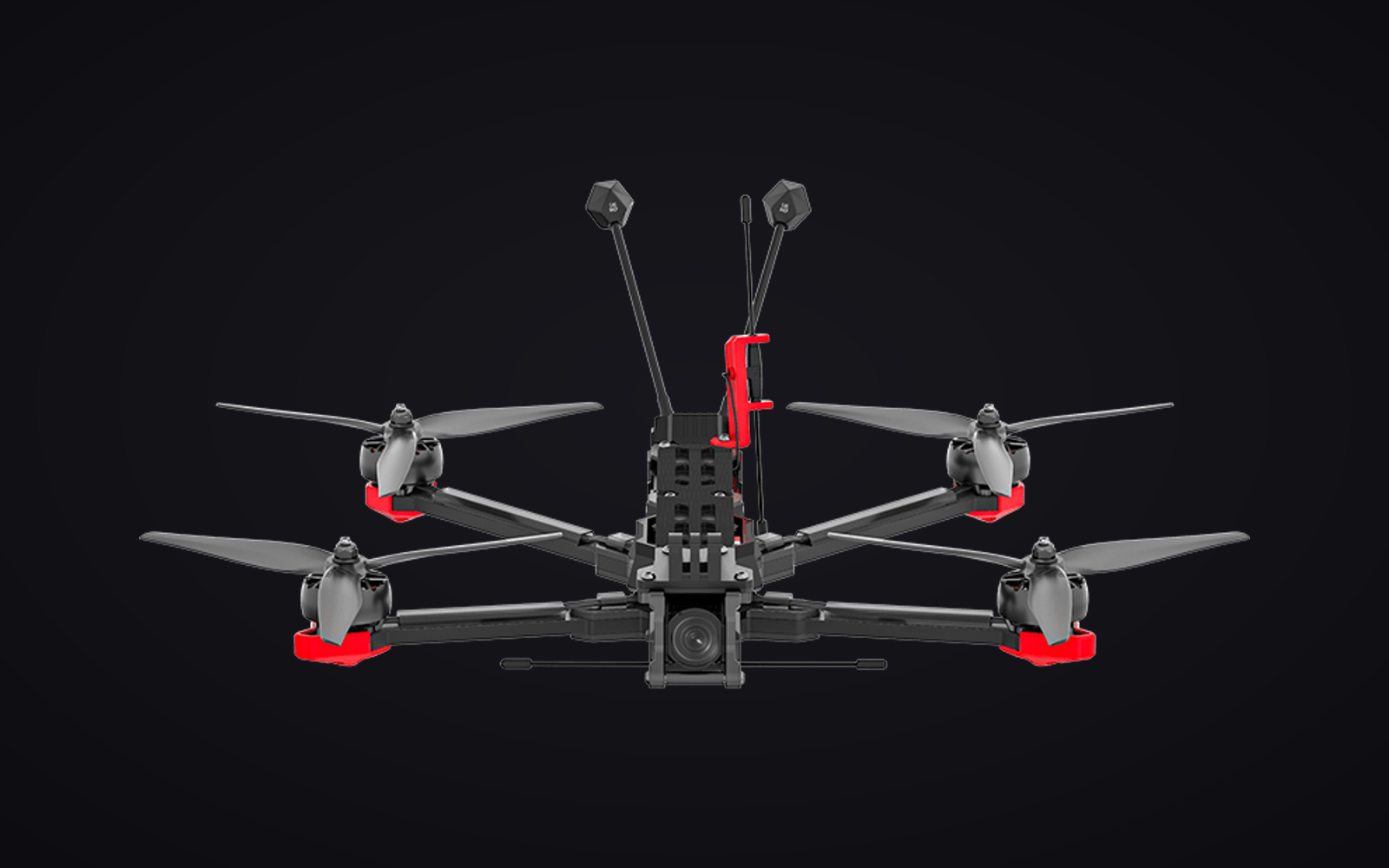 Chimera7 Pro V2 sprijeda. Antene komandne veze stoje odvojeno od antena video modula, i to su dva potpuno različita sistema na istom okviru.
